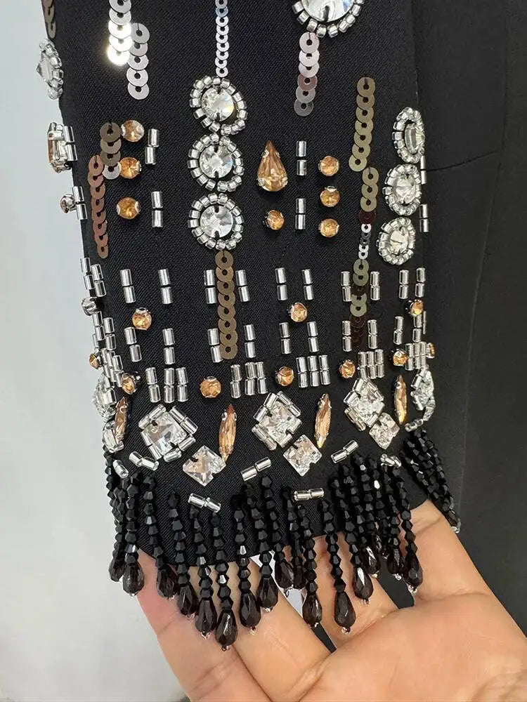 Eshin Women's Light Blue Embellished Maxi Dress Elegant Round Neck Formal Evening Gown Three Quarter Sleeve Beaded SA21