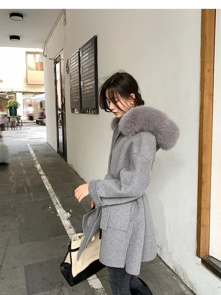 2024 Luxury Loose  Autumn Winter Fox Fur Collar Hooded Wool Cashmere Coat Women's Mid-length Woolen Jacket Outerwear Streetwear