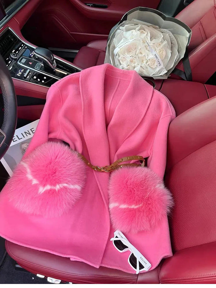 2025 New Women Winter Cashmere Wool Woolen Jacket Real Natural Fox Fur Pocket Coat Ladies Outwear Luxury Jacket