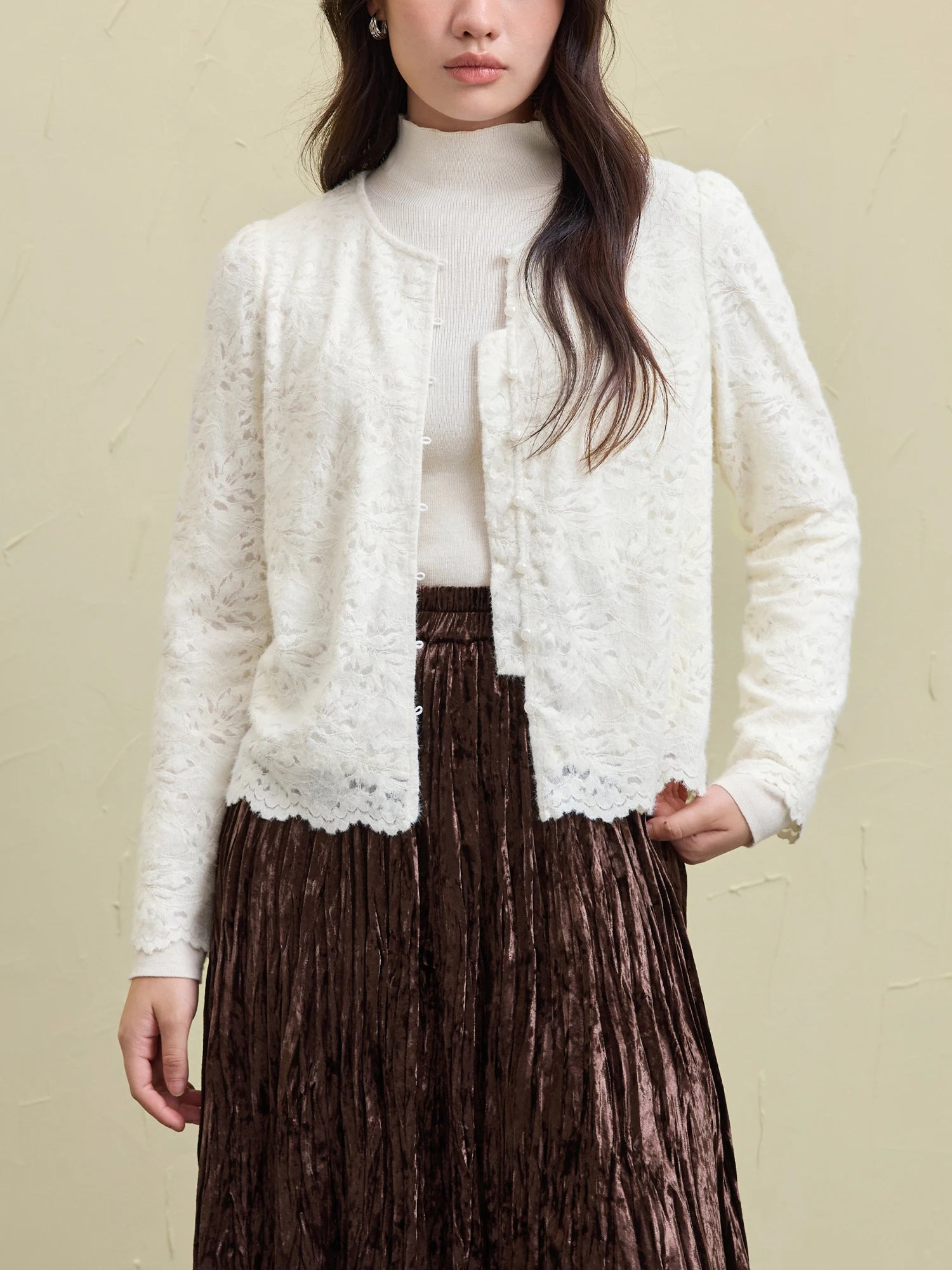 DUSHU Women Lace Cardigans Tops Beige Gentle Style Winter Long Sleeve Lace Blouses Purple Single Breasted Shirt 24DS84651