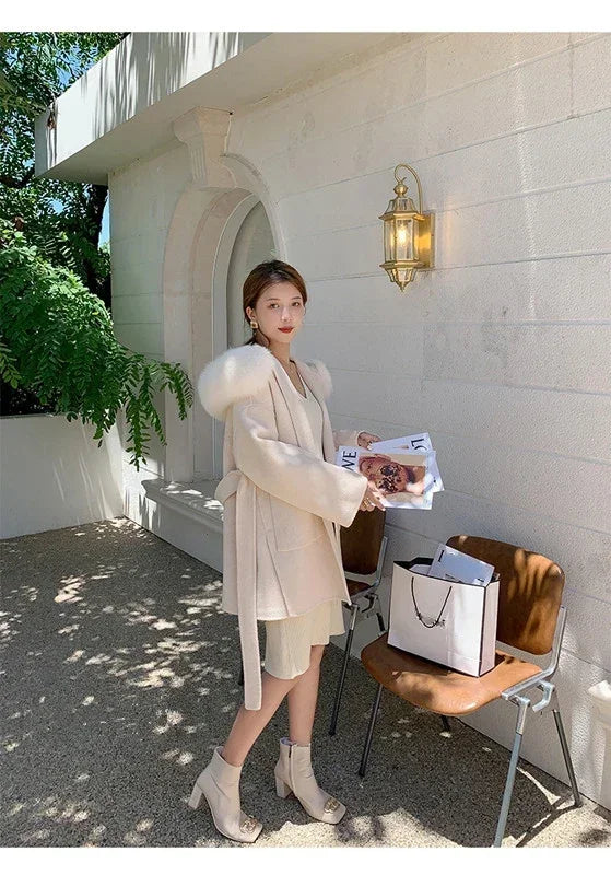 2024 Luxury Loose  Autumn Winter Fox Fur Collar Hooded Wool Cashmere Coat Women's Mid-length Woolen Jacket Outerwear Streetwear