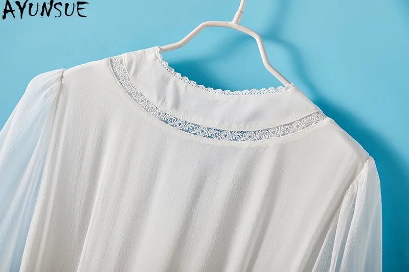 AYUNSUE 100% Mulberry Silk Womens Dress Mid Length White Dresses for Woman Clothes Summer Elegant Dress 2025 Vestidos De Mujer