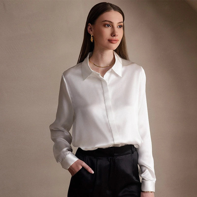 Spring Covered Button Mulberry Silk Shirt Long Sleeve Ladies Clothing Luxury 19Mm 100% Silk Women'S Fashion Blouses