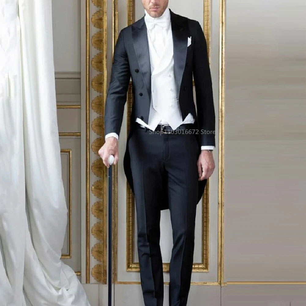 Mens Tuxedo Tailcoat Formal Dress Suits Swallow Tail Coat Black Male Jacket Vest Pants Party Wedding Dance Magic Performance