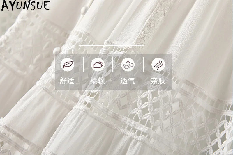AYUNSUE 100% Mulberry Silk Womens Dress Mid Length White Dresses for Woman Clothes Summer Elegant Dress 2025 Vestidos De Mujer