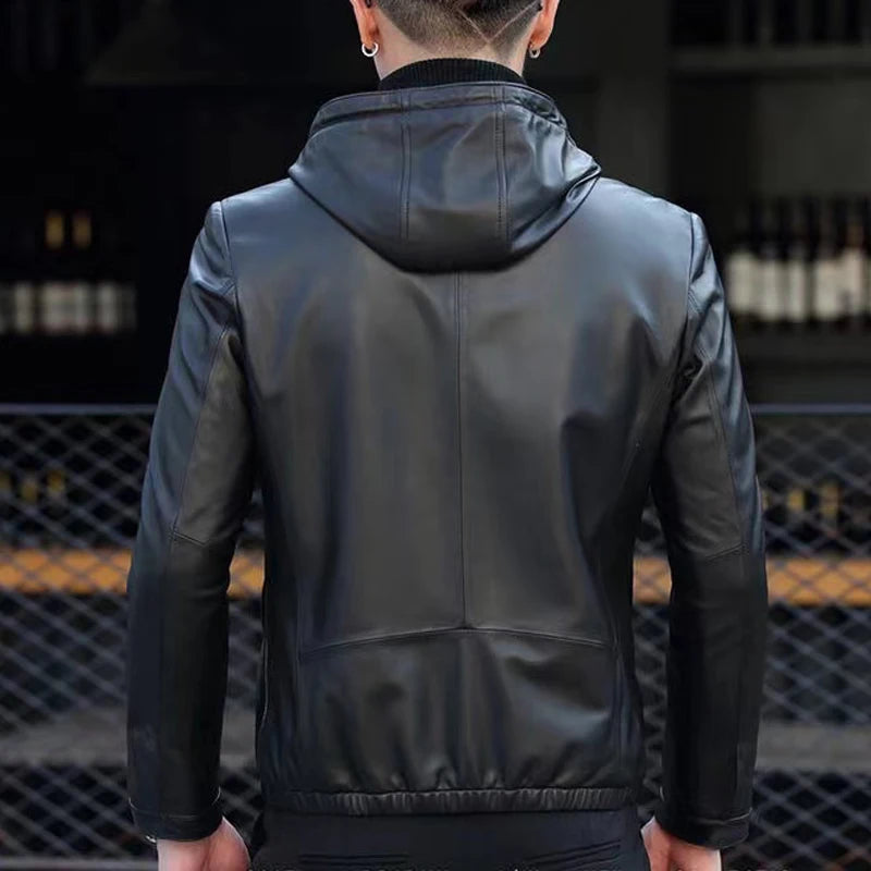 Roupas Maculinas Genuine Leather Jacket For Men Winter Sheepskin Hood Short Leather Coat Hombre Casual Slim Fitting Clothing