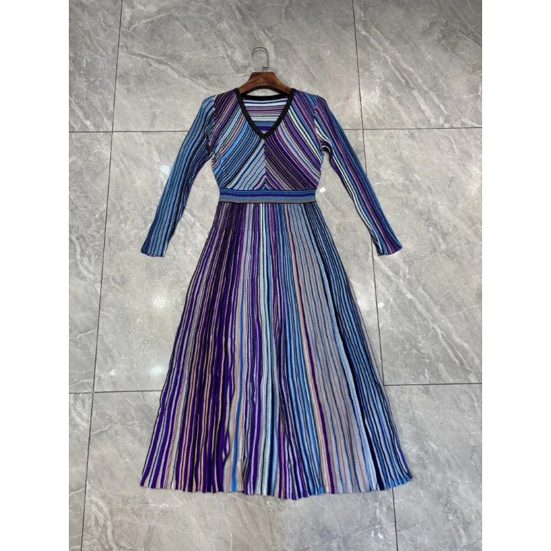 GGHK Stylish V-neck Knit Maxi Dress with Metallic Stripes 2024 New Luxury Woman Party Dress Sexy Vintage Robe Elegant Gowns