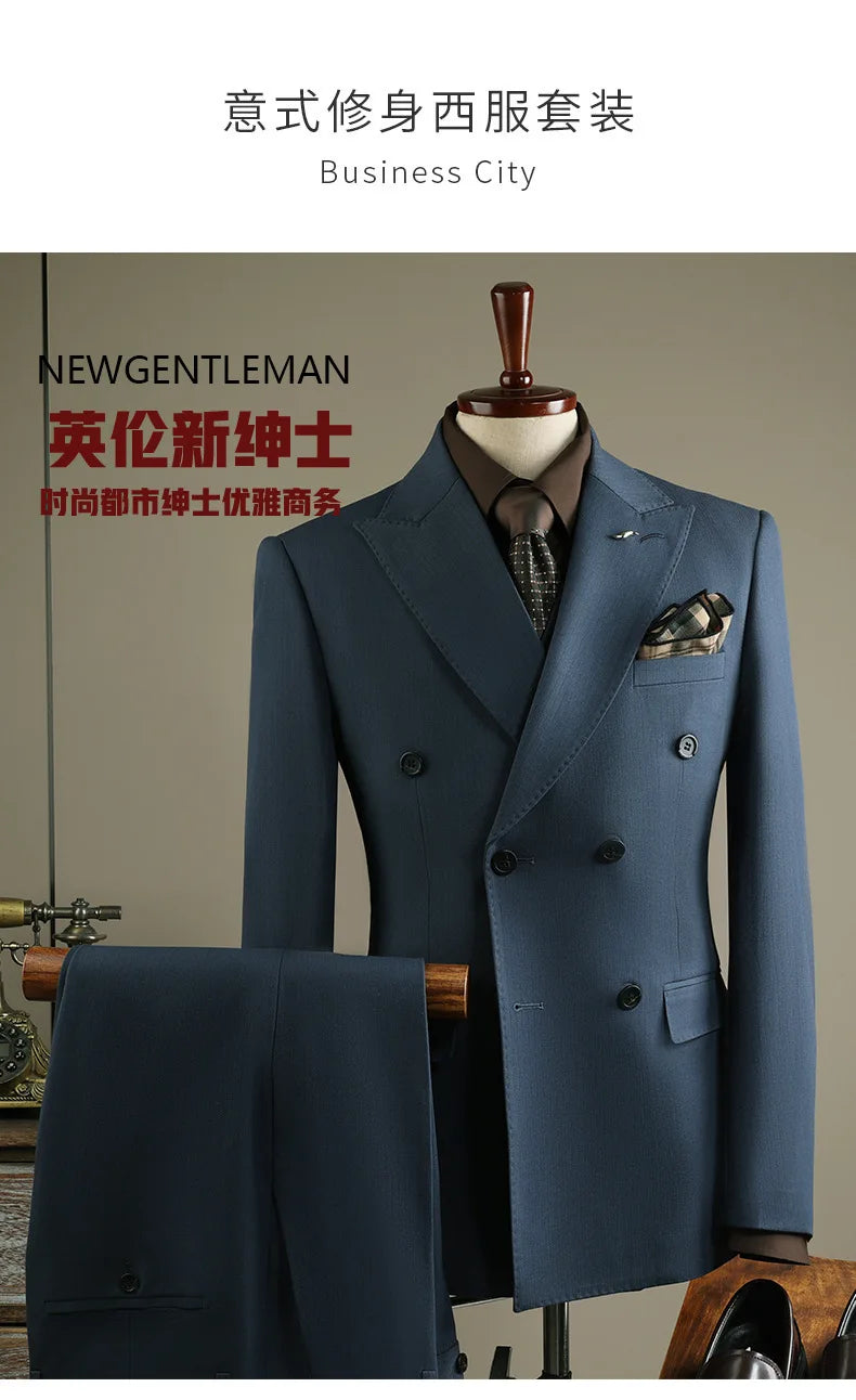 High Quality Mens Suit Formal Business Slim Fit Double-breasted Striped Suit Set Groom Wedding Dress Party Tuxedo Men's Clothing