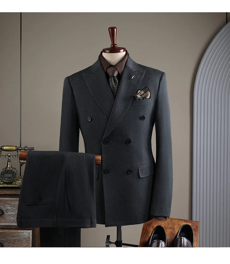 High Quality Mens Suit Formal Business Slim Fit Double-breasted Striped Suit Set Groom Wedding Dress Party Tuxedo Men's Clothing