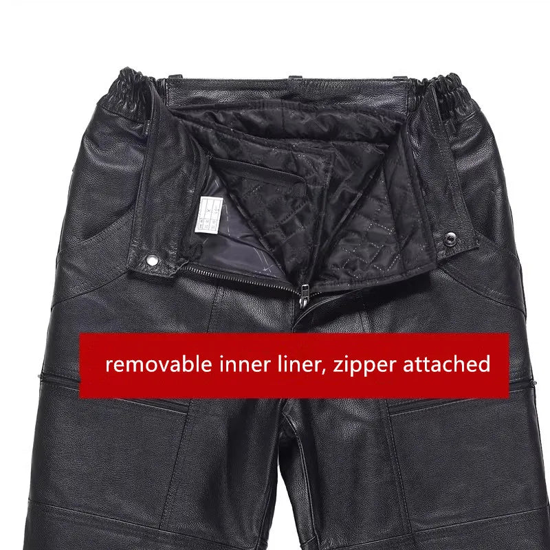 Men's Thickened Leather Pants with Detachable Warm Fleece Liner Genuine Cowhide Goatskin for Autumn And Winter