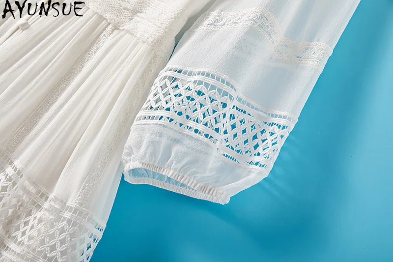 AYUNSUE 100% Mulberry Silk Womens Dress Mid Length White Dresses for Woman Clothes Summer Elegant Dress 2025 Vestidos De Mujer