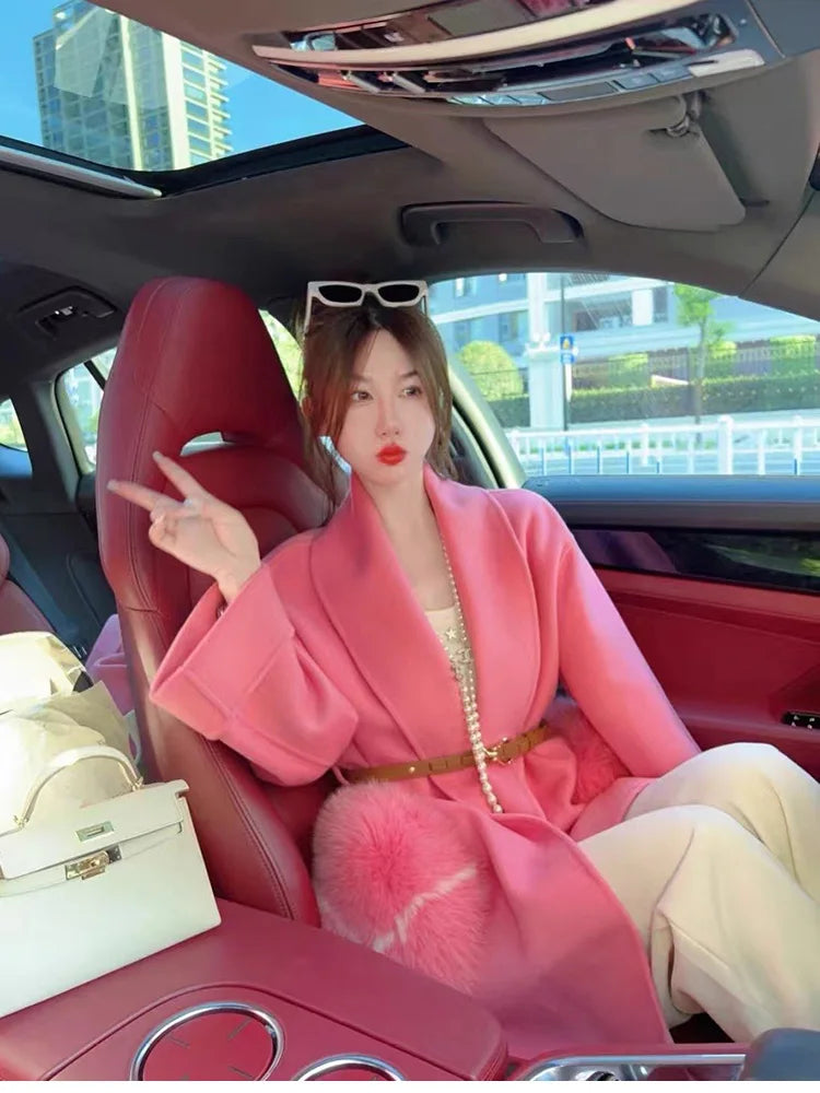 2025 New Women Winter Cashmere Wool Woolen Jacket Real Natural Fox Fur Pocket Coat Ladies Outwear Luxury Jacket