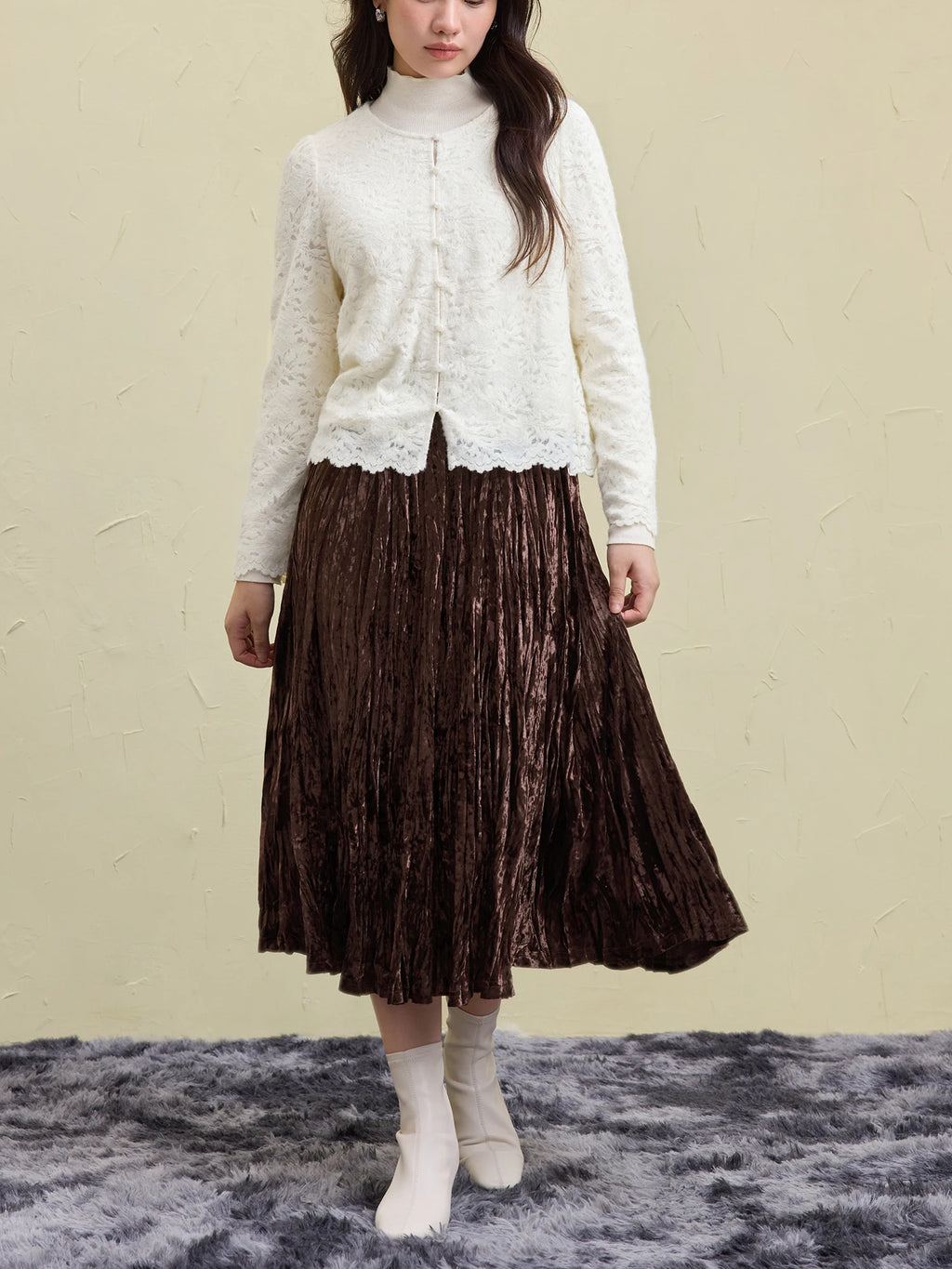 DUSHU Women Lace Cardigans Tops Beige Gentle Style Winter Long Sleeve Lace Blouses Purple Single Breasted Shirt 24DS84651