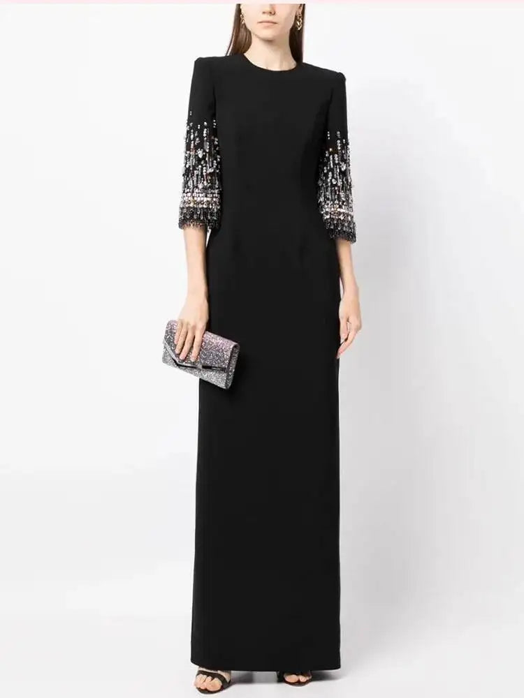 Eshin Women's Light Blue Embellished Maxi Dress Elegant Round Neck Formal Evening Gown Three Quarter Sleeve Beaded SA21