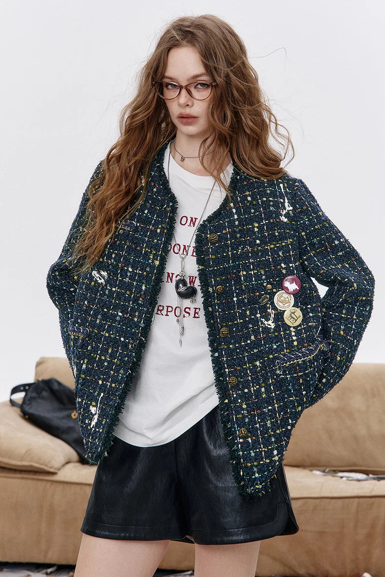 ELFSACK 2025 Autumn New Arrival Elegant French Tweed Premium Brooch Decor Blazer Jacket For Woman