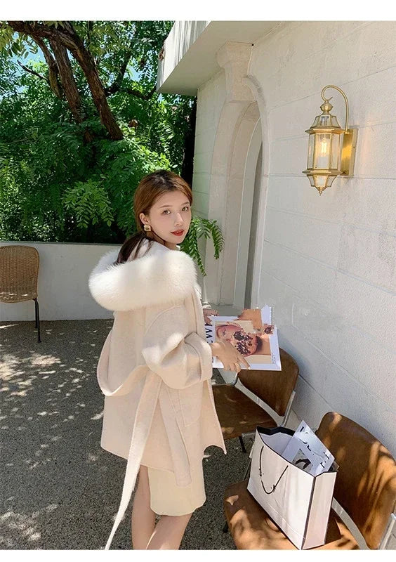 2024 Luxury Loose  Autumn Winter Fox Fur Collar Hooded Wool Cashmere Coat Women's Mid-length Woolen Jacket Outerwear Streetwear