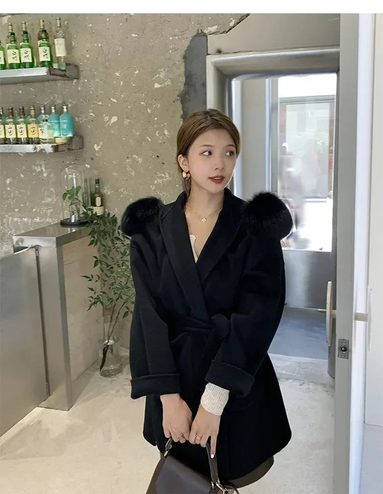 2024 Luxury Loose  Autumn Winter Fox Fur Collar Hooded Wool Cashmere Coat Women's Mid-length Woolen Jacket Outerwear Streetwear