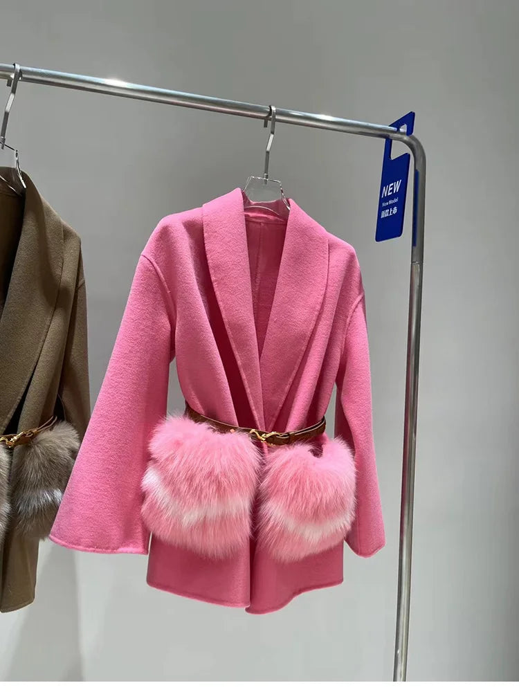 2025 New Women Winter Cashmere Wool Woolen Jacket Real Natural Fox Fur Pocket Coat Ladies Outwear Luxury Jacket