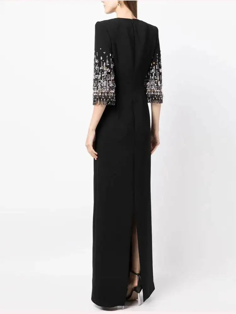 Eshin Women's Light Blue Embellished Maxi Dress Elegant Round Neck Formal Evening Gown Three Quarter Sleeve Beaded SA21