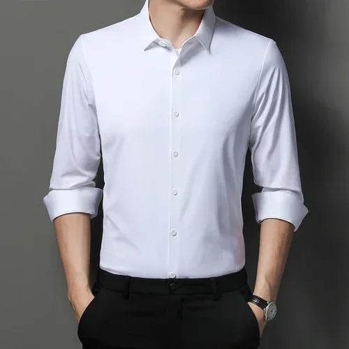 Tcyeek  Mulberry Silk Long Sleeve Shirt for Men 1808 Autumn and Winter Plush Thickened Business Silk Shirts Men's Clothing