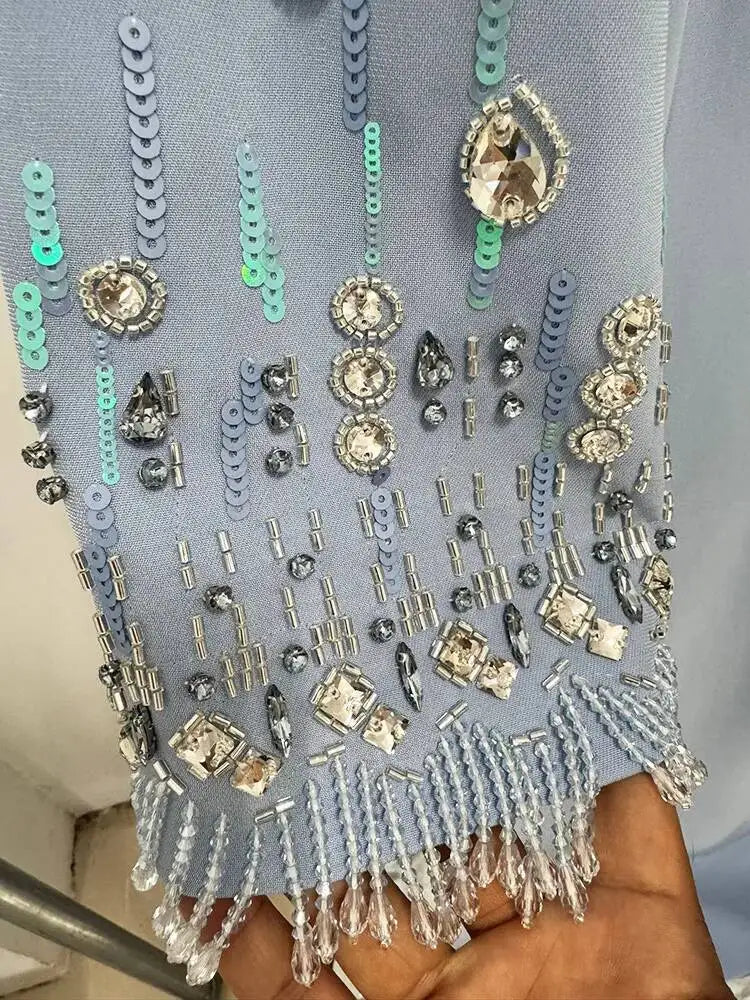 Eshin Women's Light Blue Embellished Maxi Dress Elegant Round Neck Formal Evening Gown Three Quarter Sleeve Beaded SA21