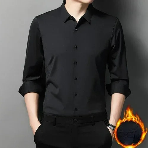 Tcyeek  Mulberry Silk Long Sleeve Shirt for Men 1808 Autumn and Winter Plush Thickened Business Silk Shirts Men's Clothing