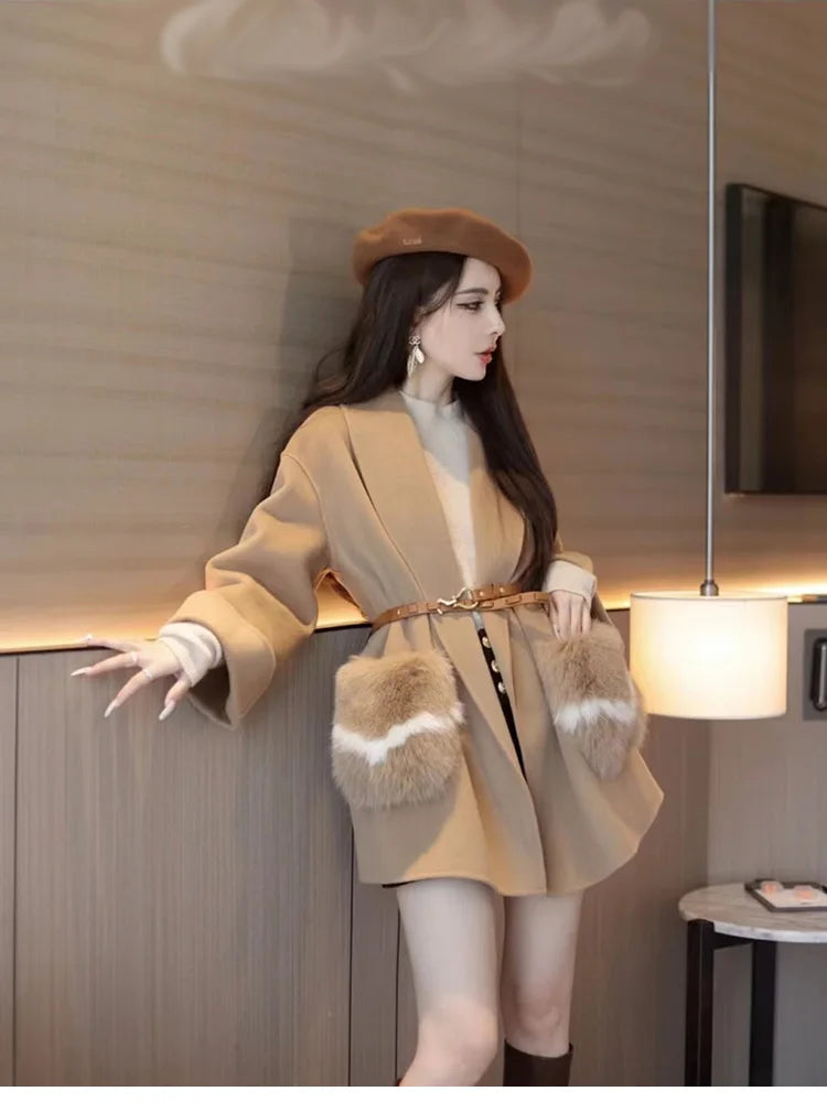 2025 New Women Winter Cashmere Wool Woolen Jacket Real Natural Fox Fur Pocket Coat Ladies Outwear Luxury Jacket