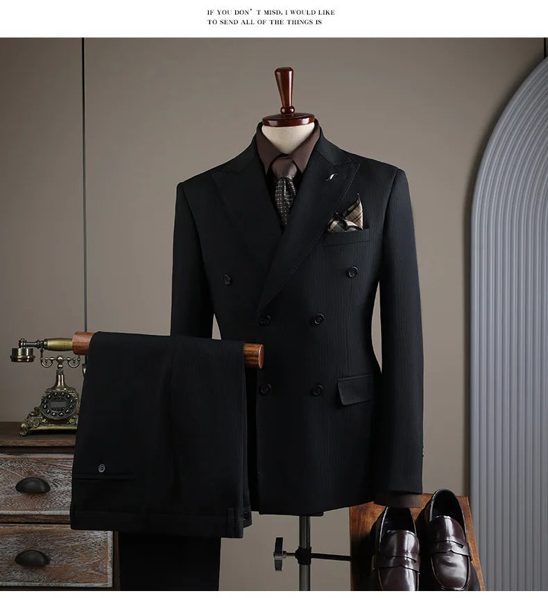 High Quality Mens Suit Formal Business Slim Fit Double-breasted Striped Suit Set Groom Wedding Dress Party Tuxedo Men's Clothing