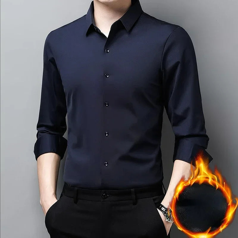 Tcyeek  Mulberry Silk Long Sleeve Shirt for Men 1808 Autumn and Winter Plush Thickened Business Silk Shirts Men's Clothing