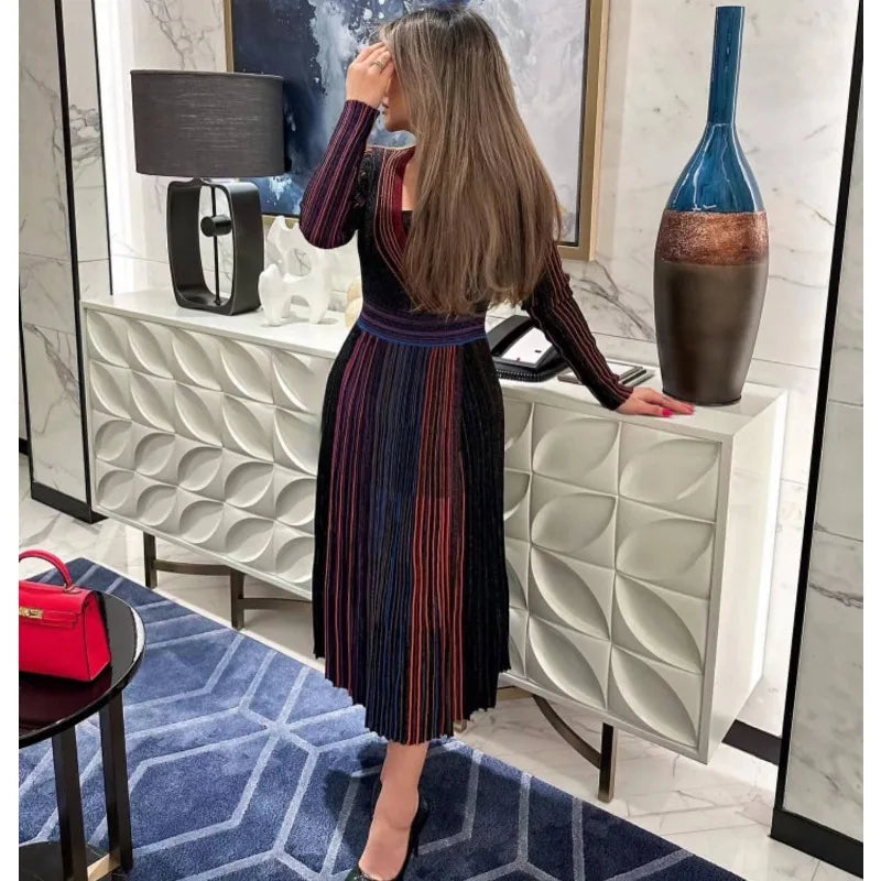 GGHK Stylish V-neck Knit Maxi Dress with Metallic Stripes 2024 New Luxury Woman Party Dress Sexy Vintage Robe Elegant Gowns