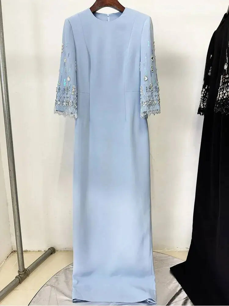 Eshin Women's Light Blue Embellished Maxi Dress Elegant Round Neck Formal Evening Gown Three Quarter Sleeve Beaded SA21