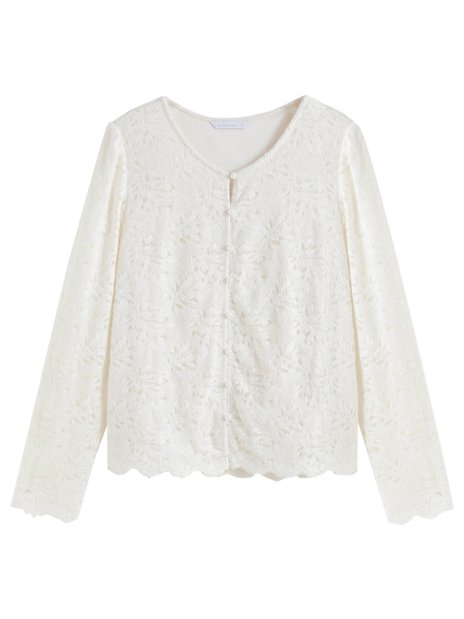 DUSHU Women Lace Cardigans Tops Beige Gentle Style Winter Long Sleeve Lace Blouses Purple Single Breasted Shirt 24DS84651