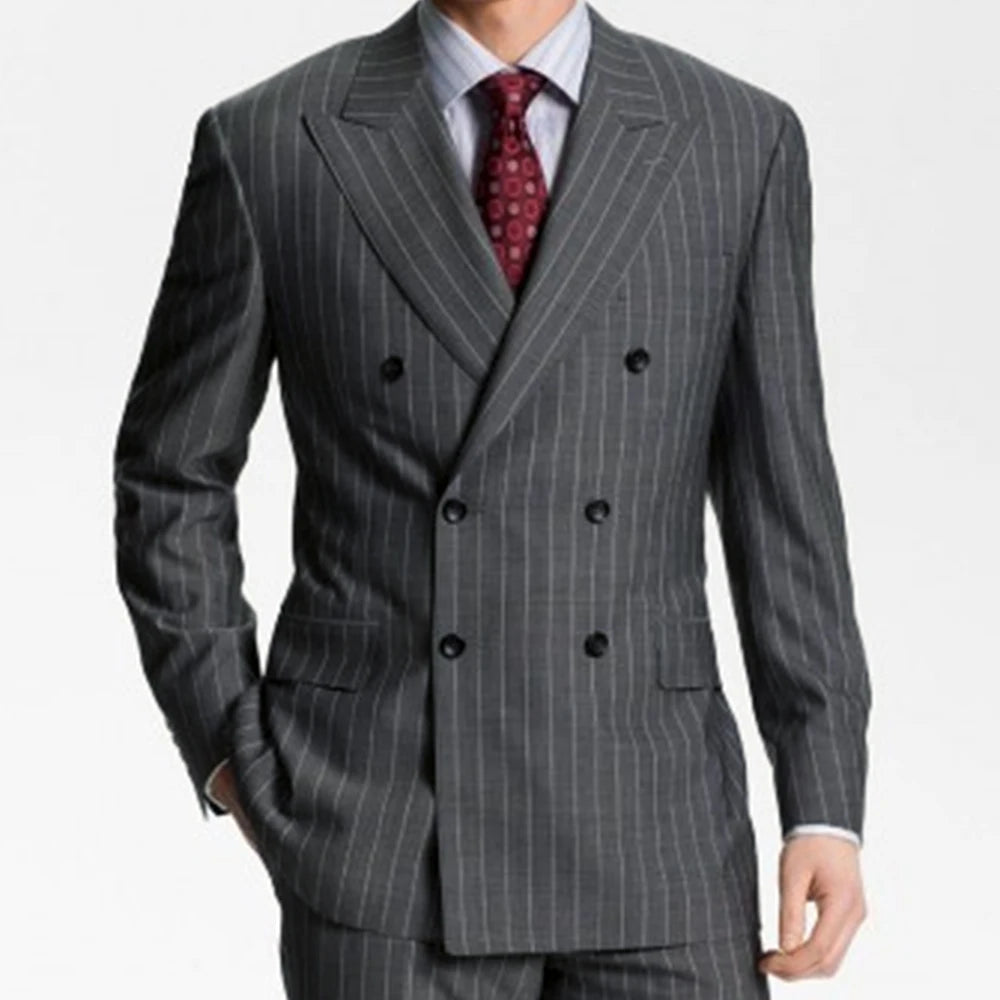Dark Gray Wide Stripe Double Breasted Suits for Men | Custom Tailored Fit with Cuffed Pants & Wide Lapel Business Formal Wear