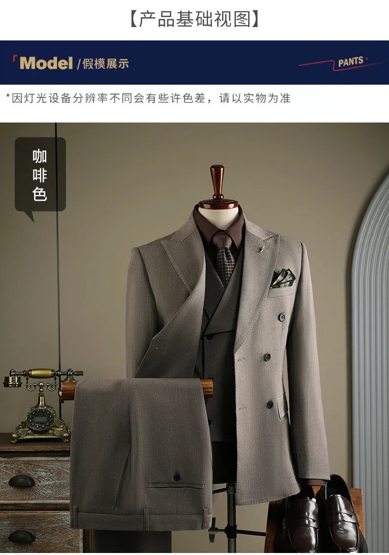 High Quality Mens Suit Formal Business Slim Fit Double-breasted Striped Suit Set Groom Wedding Dress Party Tuxedo Men's Clothing