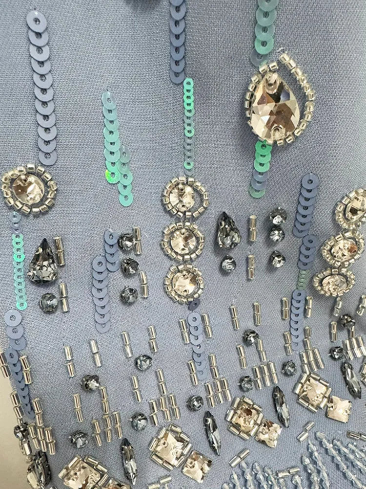 Eshin Women's Light Blue Embellished Maxi Dress Elegant Round Neck Formal Evening Gown Three Quarter Sleeve Beaded SA21