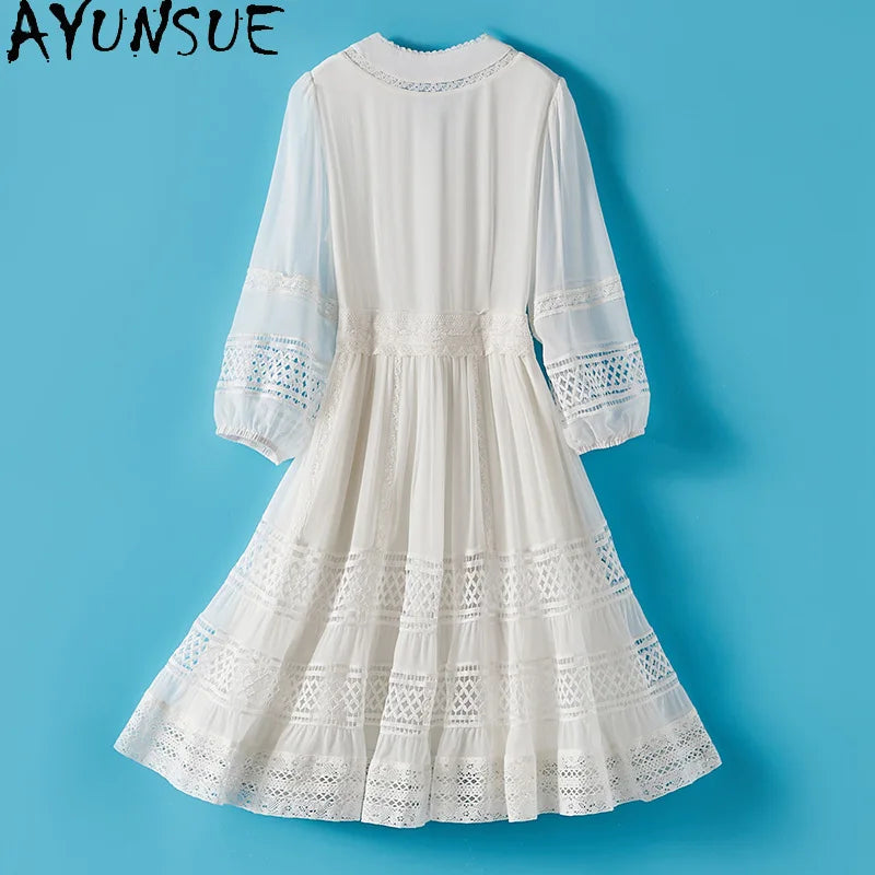 AYUNSUE 100% Mulberry Silk Womens Dress Mid Length White Dresses for Woman Clothes Summer Elegant Dress 2025 Vestidos De Mujer