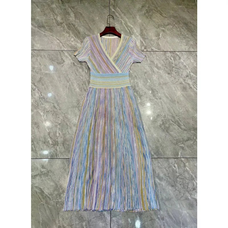 GGHK Stylish V-neck Knit Maxi Dress with Metallic Stripes 2024 New Luxury Woman Party Dress Sexy Vintage Robe Elegant Gowns