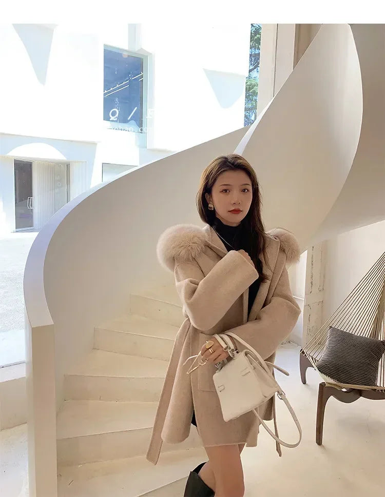 2024 Luxury Loose  Autumn Winter Fox Fur Collar Hooded Wool Cashmere Coat Women's Mid-length Woolen Jacket Outerwear Streetwear