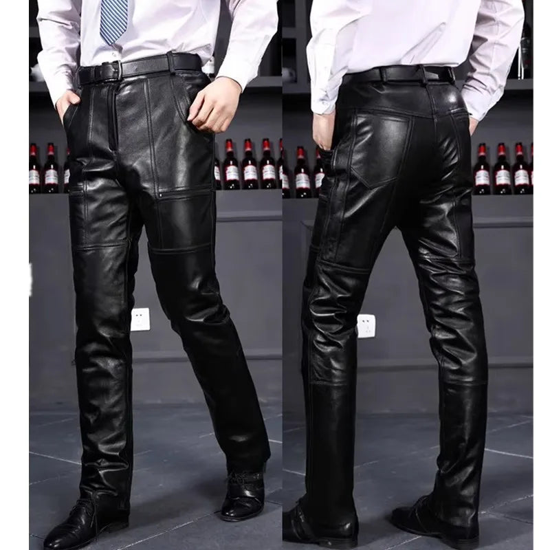 Men's Thickened Leather Pants with Detachable Warm Fleece Liner Genuine Cowhide Goatskin for Autumn And Winter