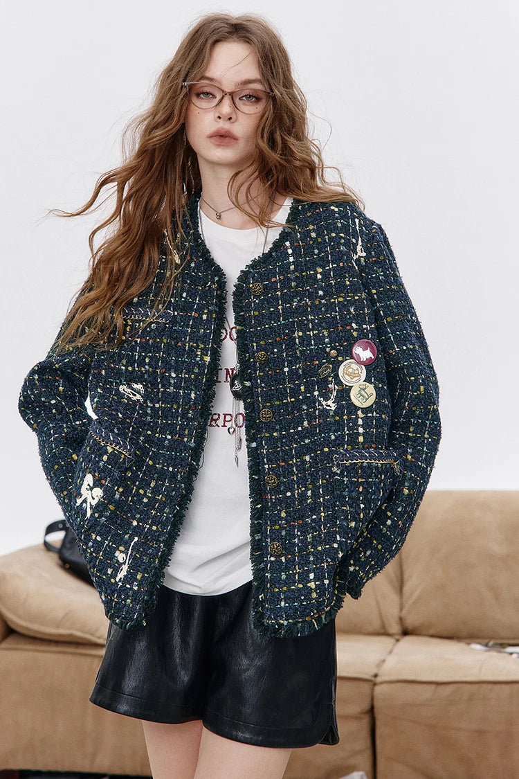 ELFSACK 2025 Autumn New Arrival Elegant French Tweed Premium Brooch Decor Blazer Jacket For Woman