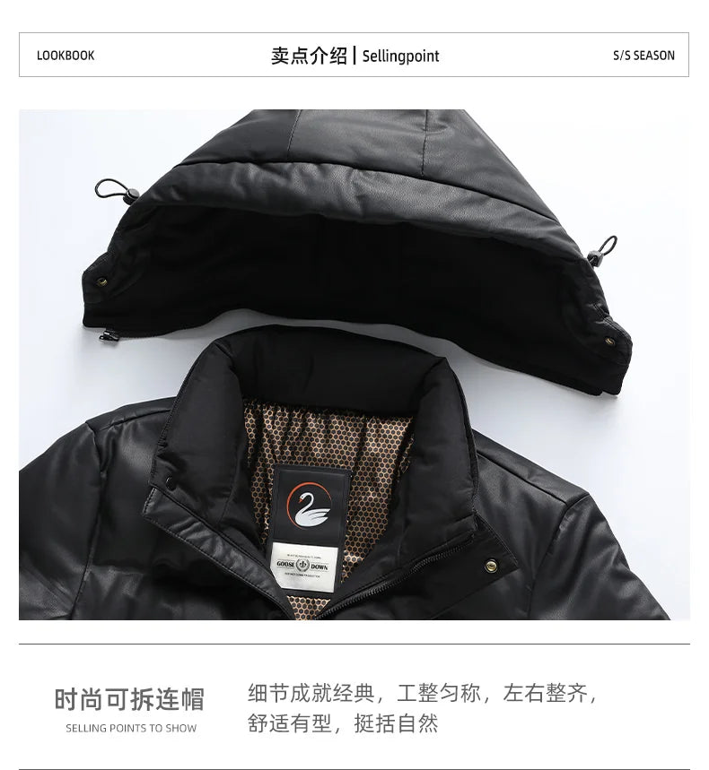 2024 Winter New Men's Medium to Long Leather Goose Down Jacket Thickened Warm and Cold Resistant Goose Down Content 90% Large