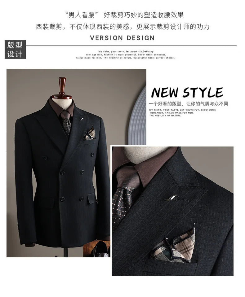 High Quality Mens Suit Formal Business Slim Fit Double-breasted Striped Suit Set Groom Wedding Dress Party Tuxedo Men's Clothing