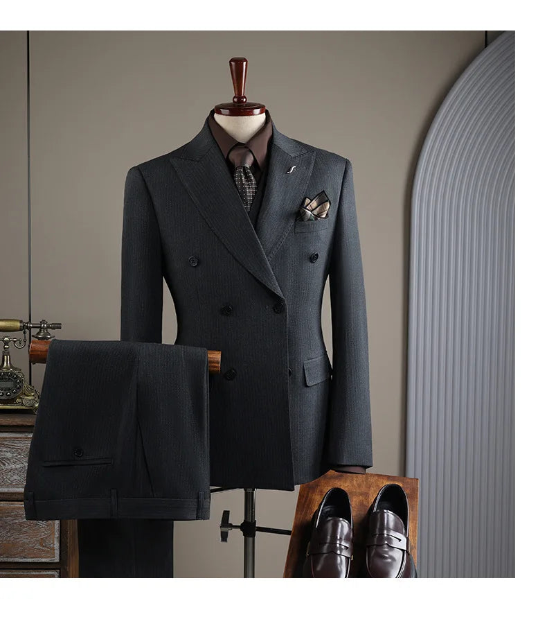 High Quality Mens Suit Formal Business Slim Fit Double-breasted Striped Suit Set Groom Wedding Dress Party Tuxedo Men's Clothing