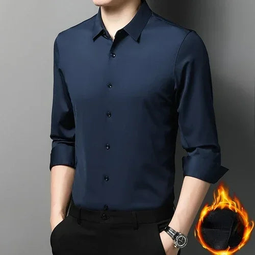 Tcyeek  Mulberry Silk Long Sleeve Shirt for Men 1808 Autumn and Winter Plush Thickened Business Silk Shirts Men's Clothing