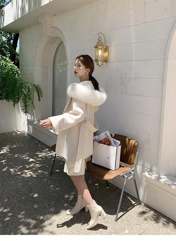 2024 Luxury Loose  Autumn Winter Fox Fur Collar Hooded Wool Cashmere Coat Women's Mid-length Woolen Jacket Outerwear Streetwear