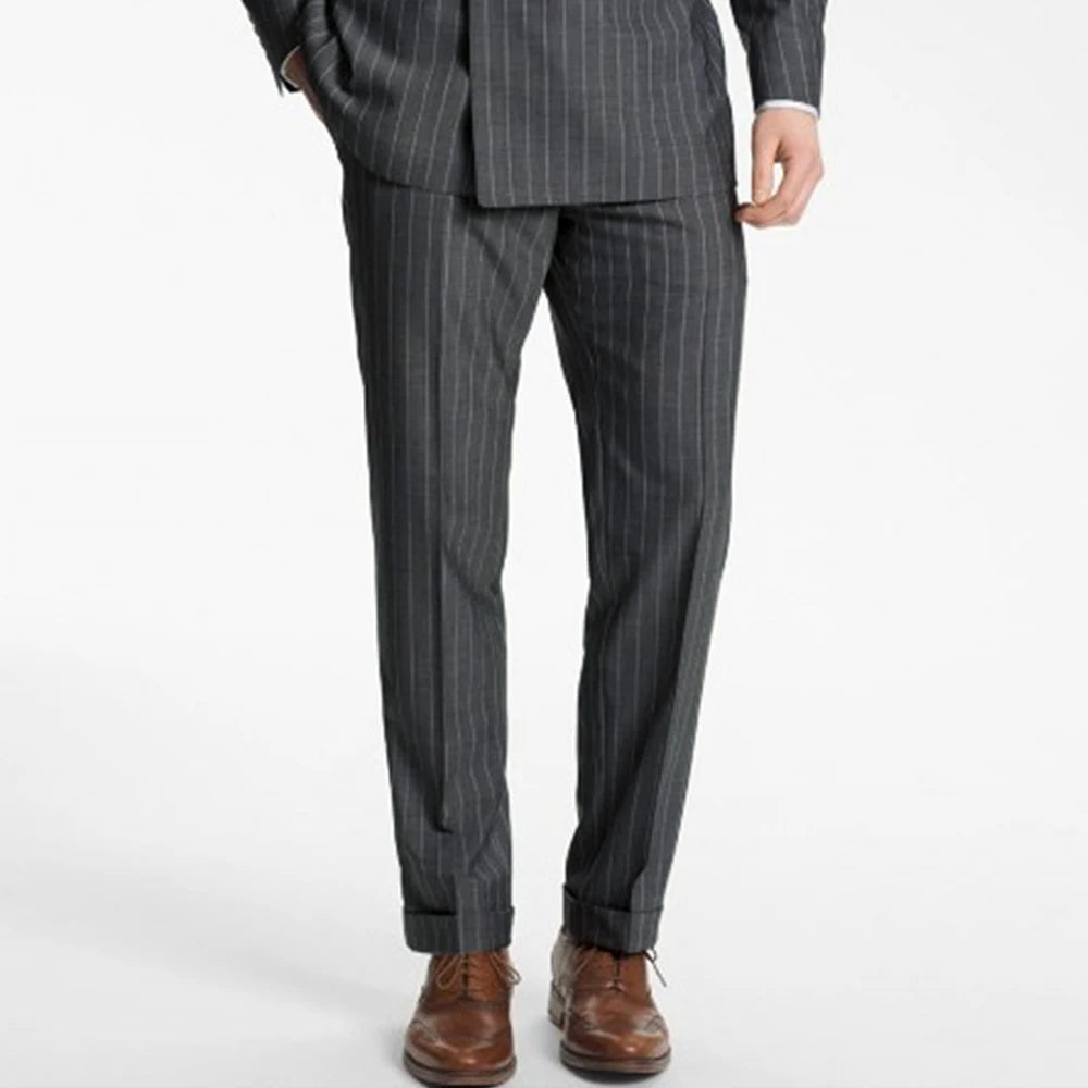 Dark Gray Wide Stripe Double Breasted Suits for Men | Custom Tailored Fit with Cuffed Pants & Wide Lapel Business Formal Wear