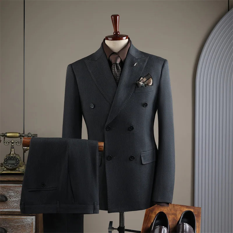 High Quality Mens Suit Formal Business Slim Fit Double-breasted Striped Suit Set Groom Wedding Dress Party Tuxedo Men's Clothing