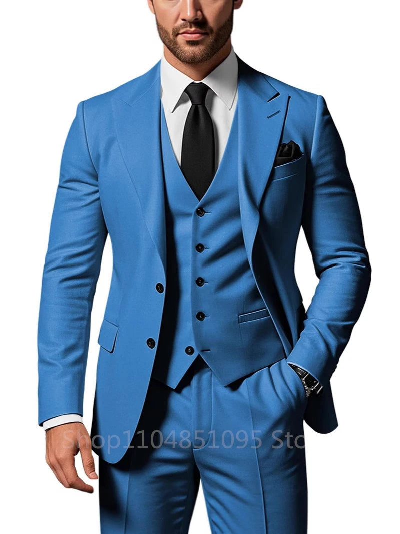 Slim Fit Wedding Men Suits Formal Groom Tuxedos Prom Party Male Suits Fashion Men Clothing Set Two Buttons Jacket Vest Pants