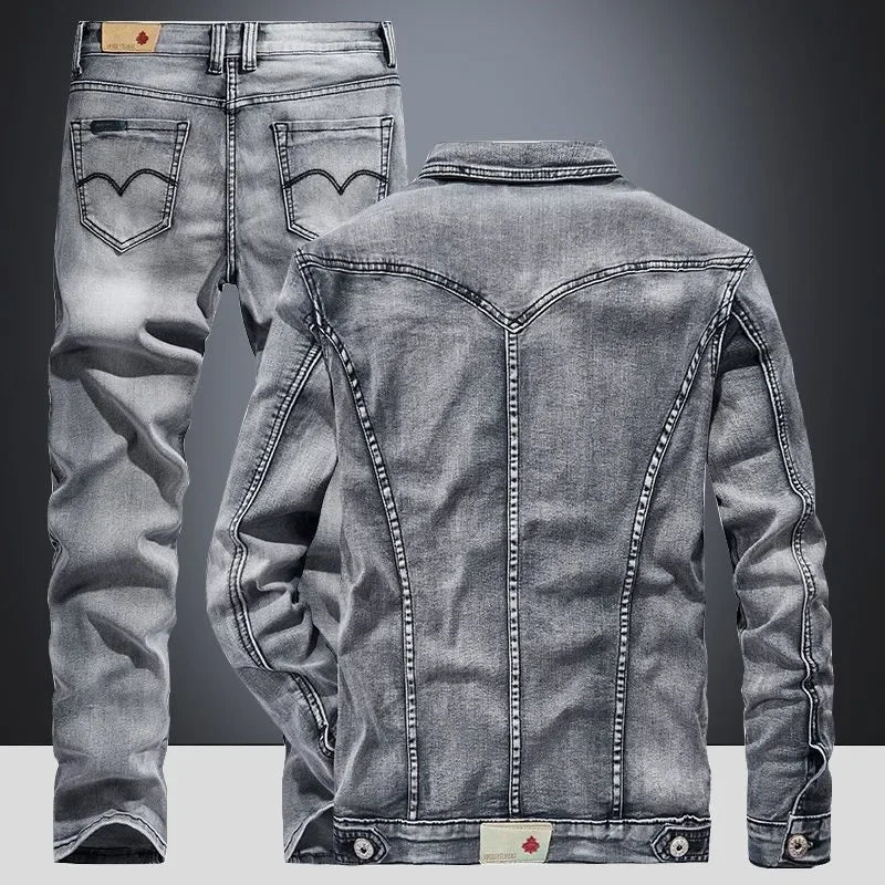 Spring Autumn Men's Denim Suit Loose Fit Plus Size Korean Trendy Two-Piece Student Versatile Outerwear Casual Jacket