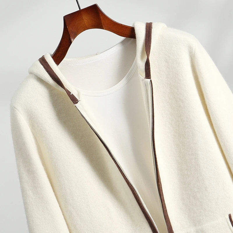 New Men 100% Cashmere Hooded Sweatercoat Autumn Winter Color Block Cardigan Casual Smart Coat Luxury Knitwear Zipper Tops Hoodie